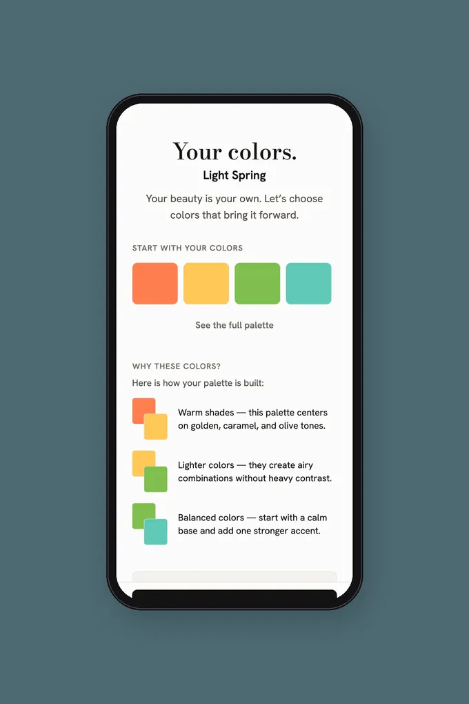 Colour analysis app showing a personal colour-season result and palette